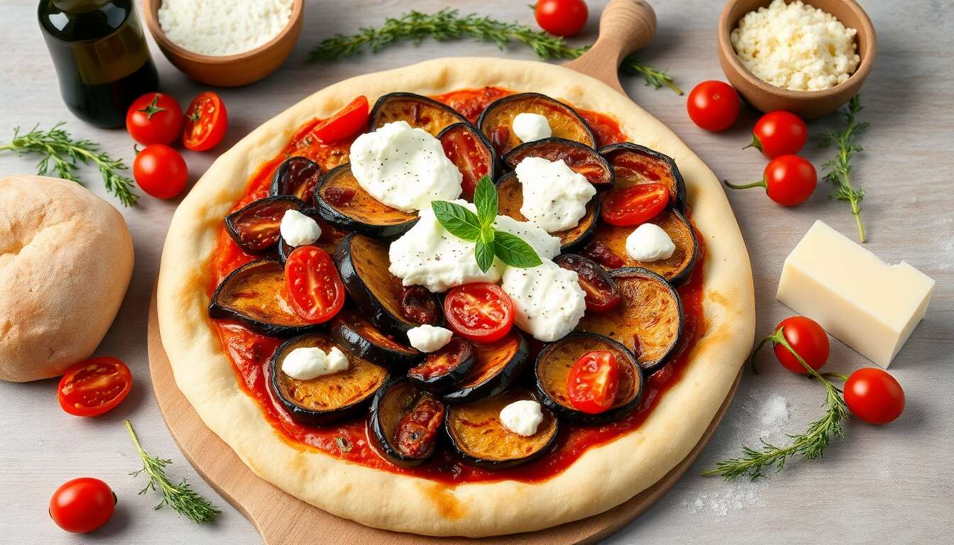 Soleil méditerranéen : pizza aubergines grillées, tomates séchées et ricotta