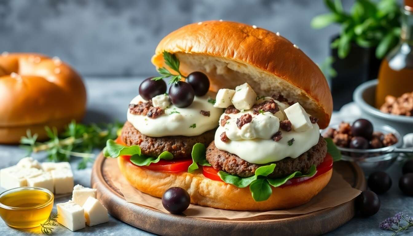 Esprit Méditerranéen : burger Feta, olives Kalamata et Tapenade