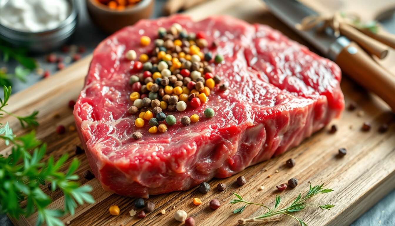 Art du poivre sur le steak avant la cuisson