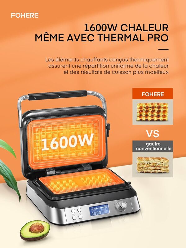 Gaufrier Gaufre Belge, Gaufrier Double Intelligent Pro Avec Affichage Led, 2 Tranches, 5 Programmes DifféRents, 7 Niveaux De Brunissage, Acier Inoxydable (Argent)
