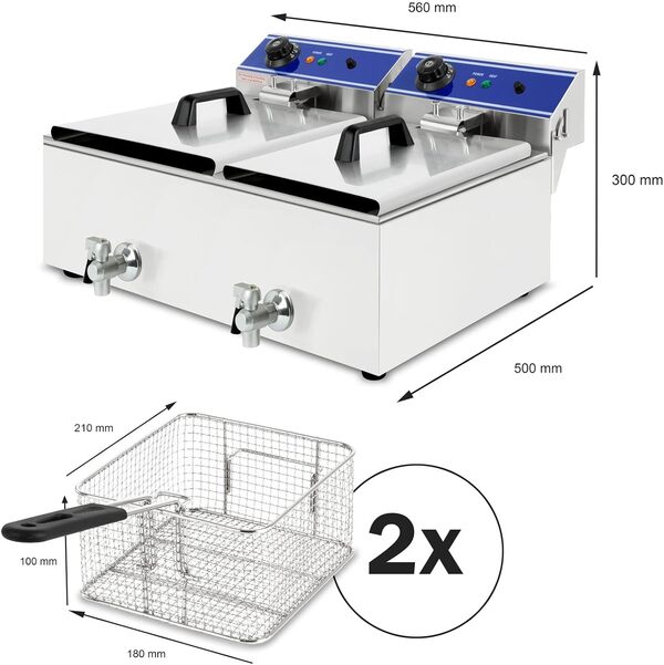 VERTES Friteuse Electrique Professionnelle 2x 10L, 6000W, 230V, Principe de la Zone Froide, Température 50-200°C, Panier à Friture, Fonction Reset, Acier Inoxydable, Fonctionnement à l'Huile