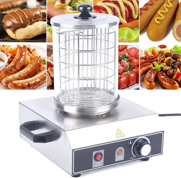Kaichenyt Hot Dog Maker Chauffe-saucisses 350 W Plage de température 0-85 °C Diamètre du cylindre 16 cm Cuiseur à saucisses professionnel en acier inoxydable