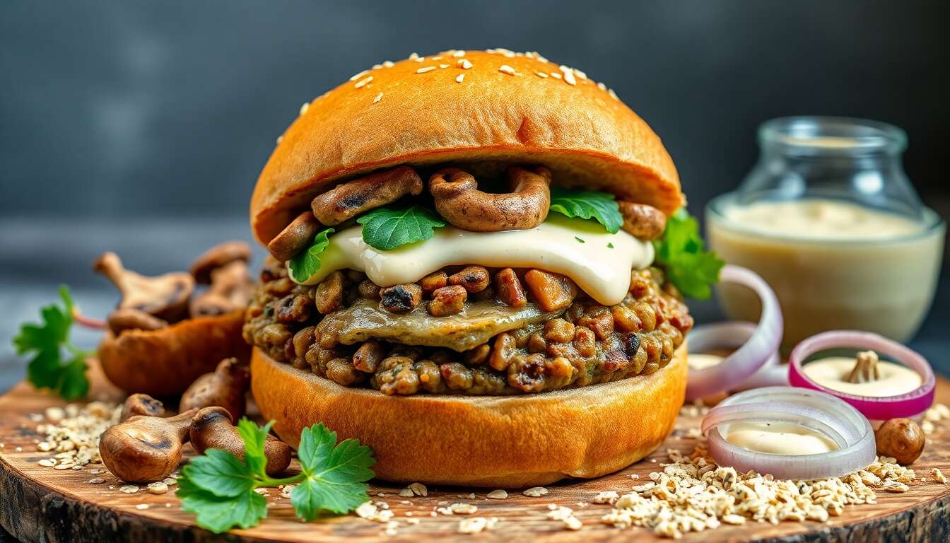 Burger forestier aux champignons sauvages et aioli végan