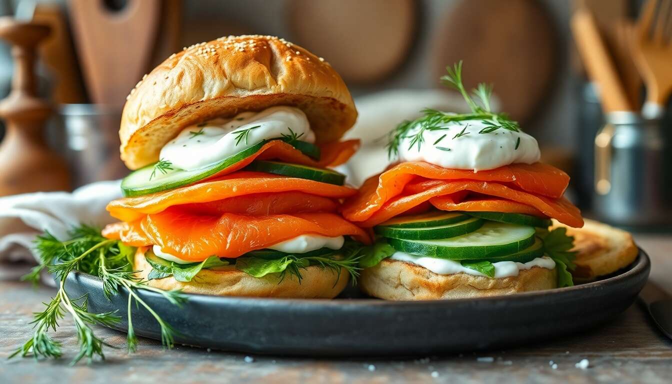 Plaisir Nordique : burger Saumon Fumé, crème Fraîche à l’Aneth et Concombres Marinés