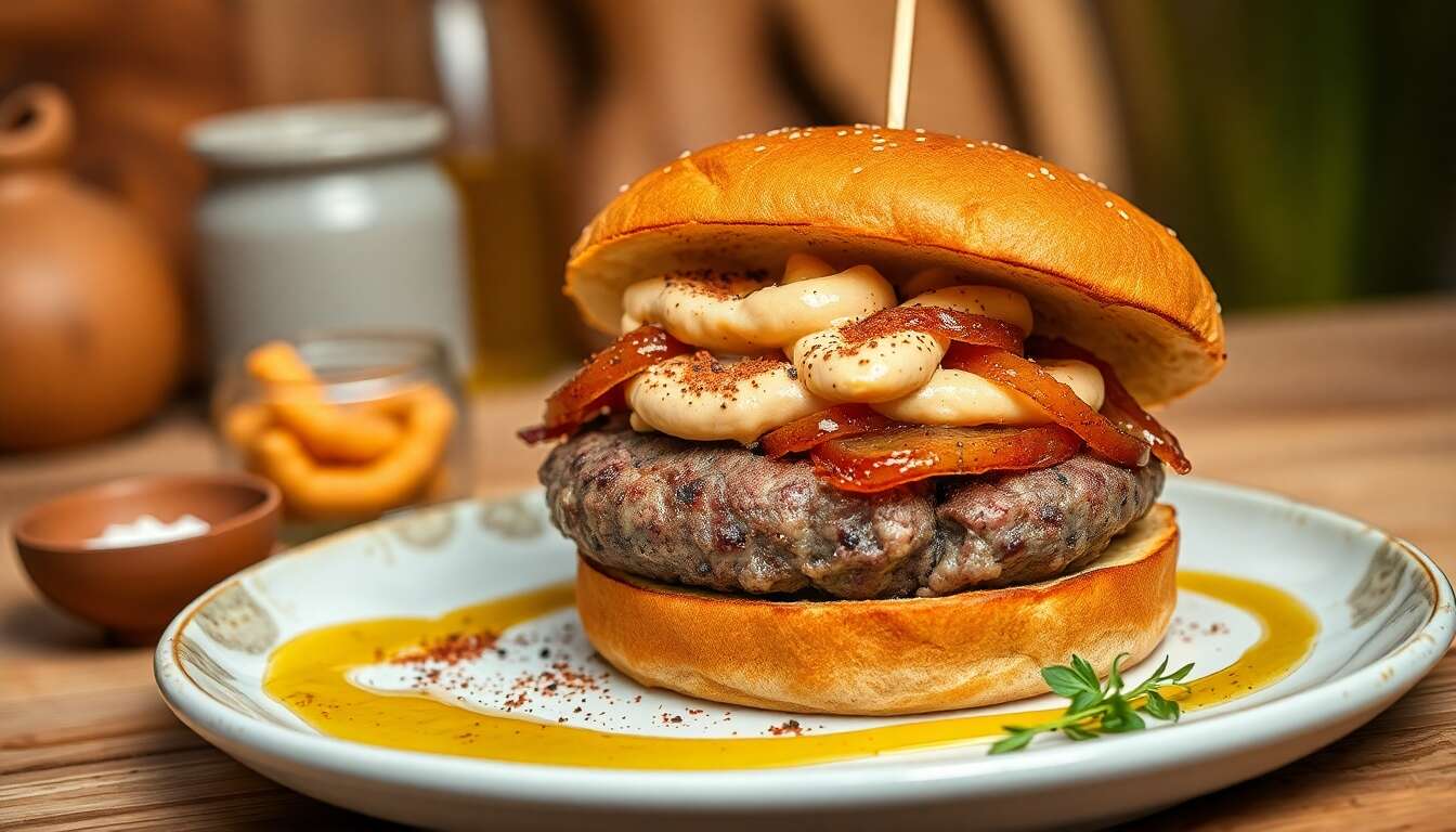 Savoureux Mélange : burger d'Agneau, houmous et Confit d'Oignon