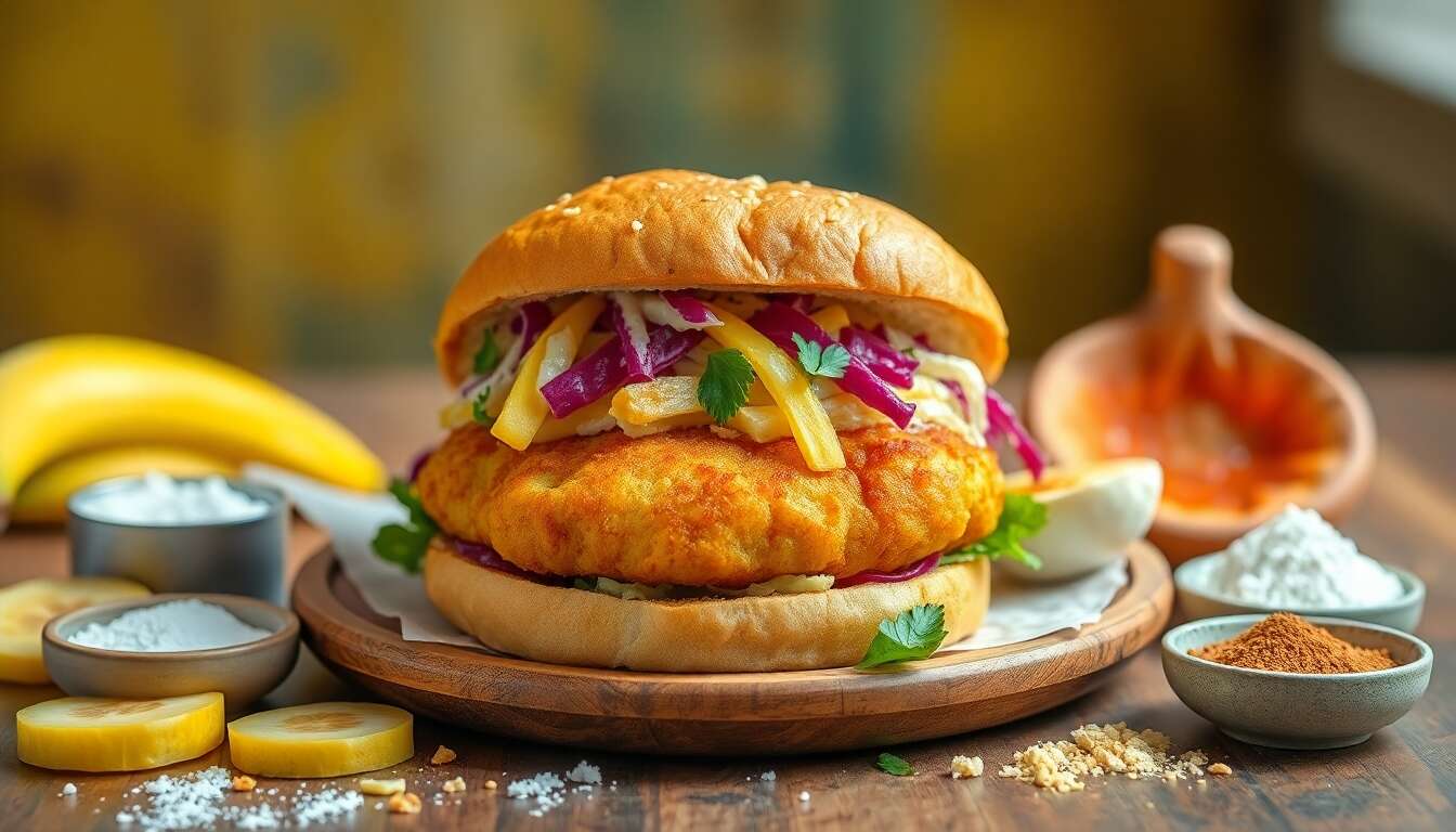 Évasion tropicale : burger de banane plantain au coleslaw exotique