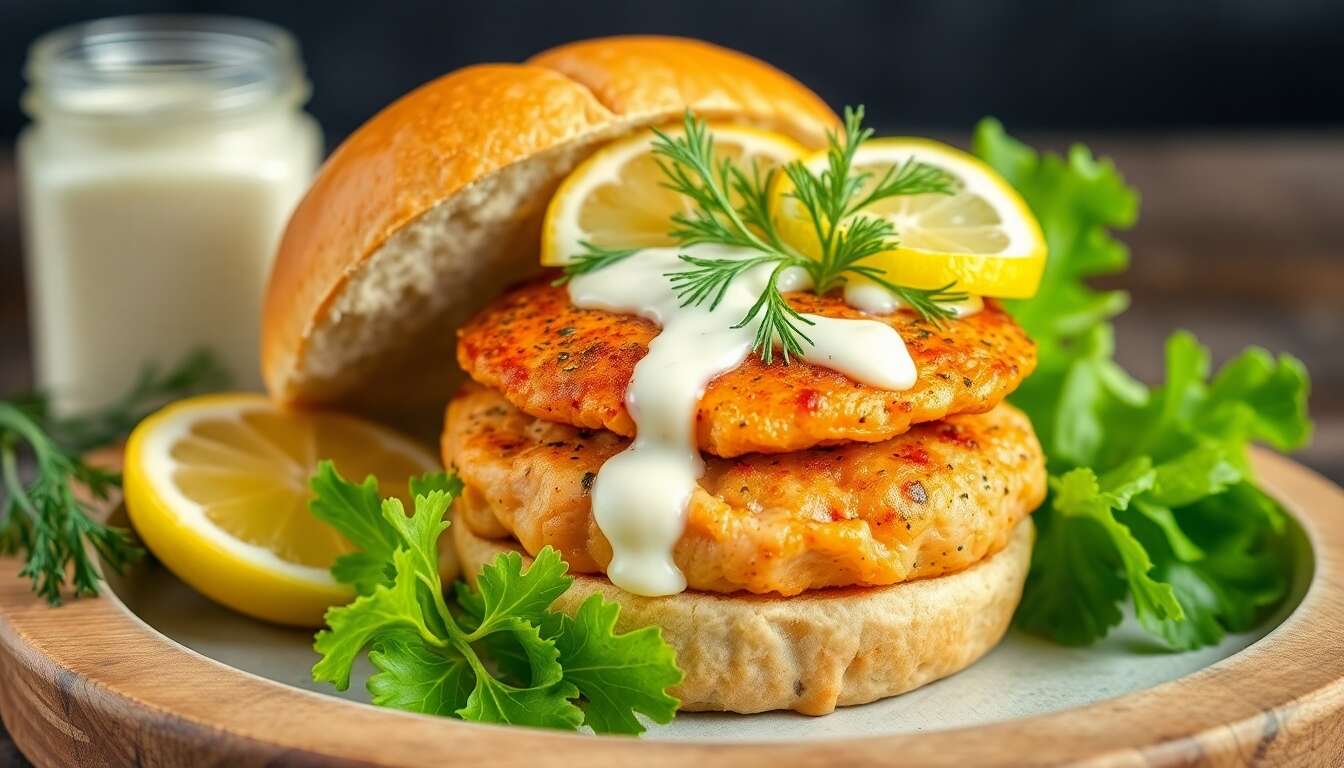 Délice Marin: burger de Saumon avec Aneth et Sauce Citronnée