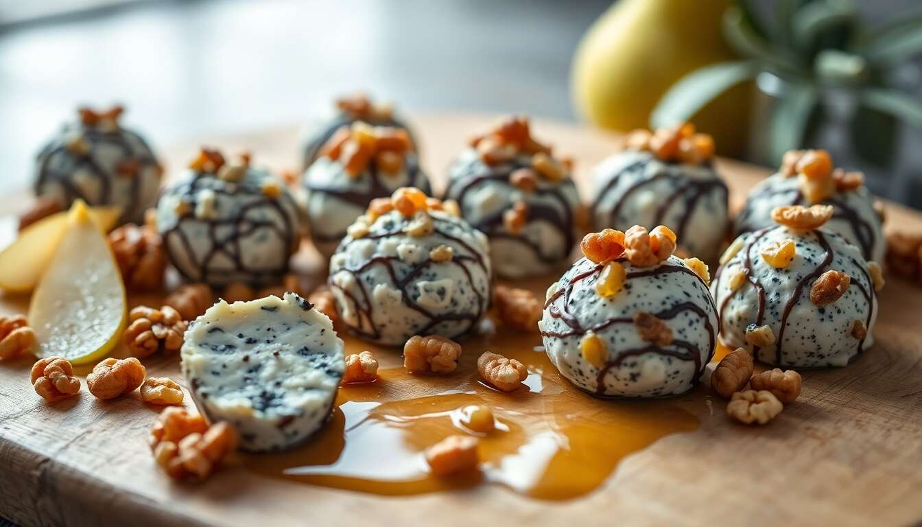 Truffes fromagères au bleu et noix, perle de poire
