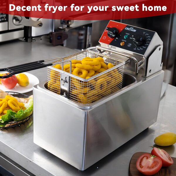 Friteuse électrique CROSSON 4L avec tête de friteuse rotative facile à nettoyer, minuterie de 30 minutes, réservoir d’huile amovible 304 SS avec poignée (réservoir simple de 4L)