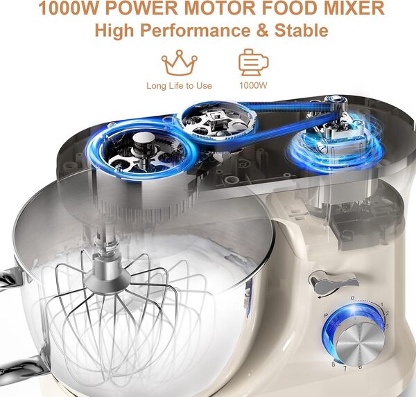 Robot Pâtissier Multifonctions, Vospeed Robot de Cuisine 1000W 5QT avec Fouet, Crochet Pétrisseur, Fouet à Gâteau, bol en acier Inoxydable, Pare-Éclaboussures (Blanc)