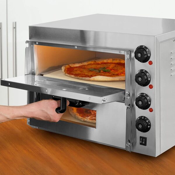 Four à Pizza électrique, Deux Etages, 3000W, Pierre réfractaire four, Chaleur de voûte et de Sole réglable indépendamment jusqu'à 350°C, Fonction minuterie, four double cavité, Acier INOX