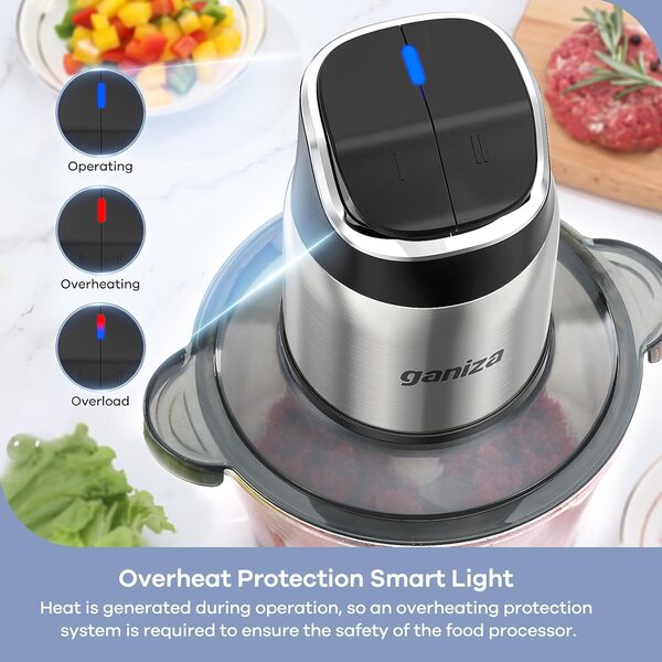 Ganiza - Robot culinaire, hachoir à viande avec bols en verre et acier inoxydable de 8 tasses, moteur en cuivre à 2 vitesses de 450 W et lumière de protection contre la surchauffe, avec