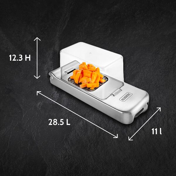 ALLIGATOR 3094 - Hachoir Multifonction Inox Avec Bac Collecteur - Coupe Légumes - Coupe Oignon - Coupe Frites - 3 Lames Interchangeables - 3x3 mm 6x6 mm et 12x12 mm - Sans BPA