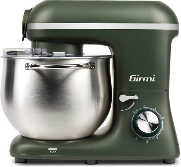 Girmi IM50, Robot Pâtissier Planétaire, 2200W Max, Bol 8 Litres, 6 Vitesses Plus Pulse, Bol Inox avec Poignée, Système de Sécurité, Accessoires Inclus, Vert