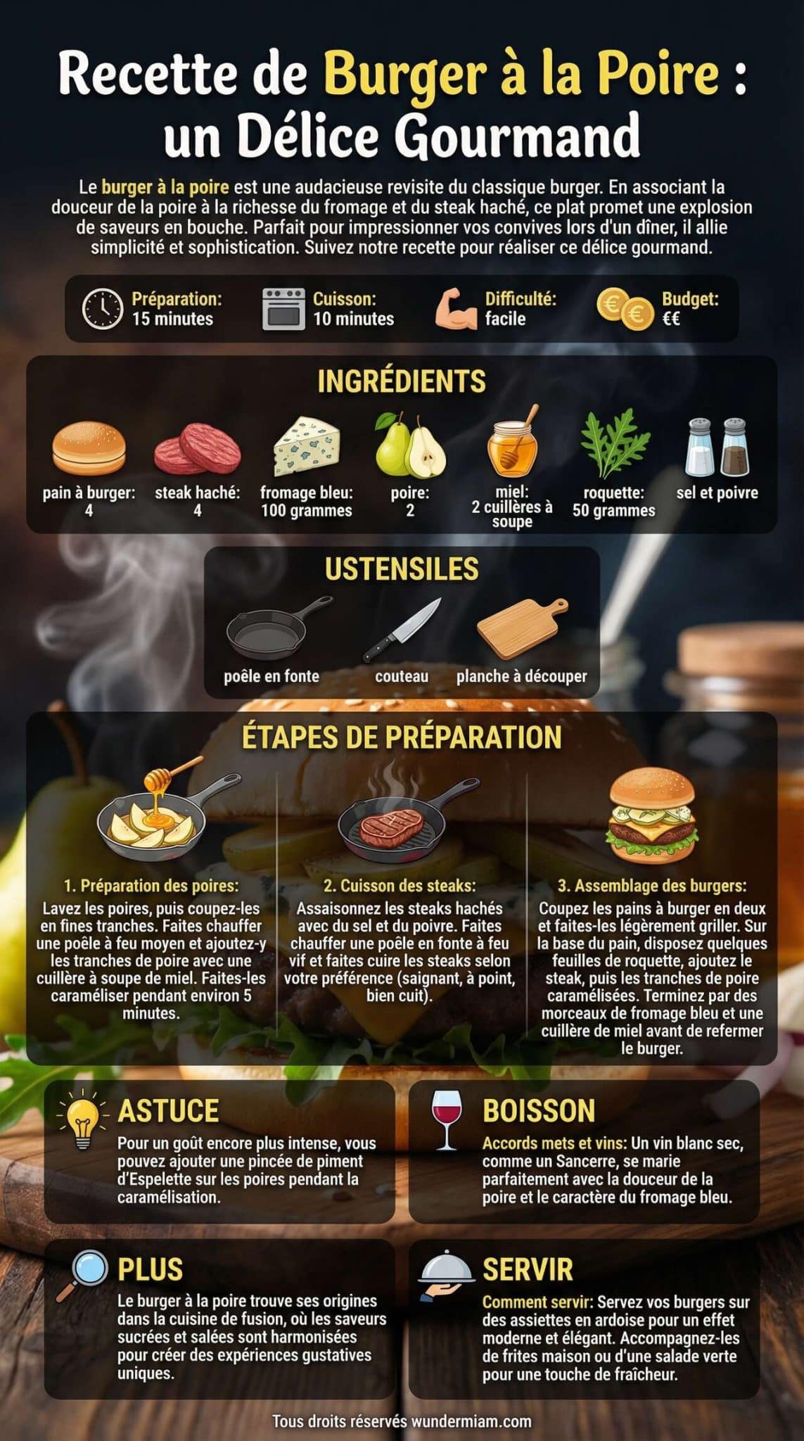Infographie de la recette Recette de Burger &agrave; la Poire : un D&eacute;lice Gourmand