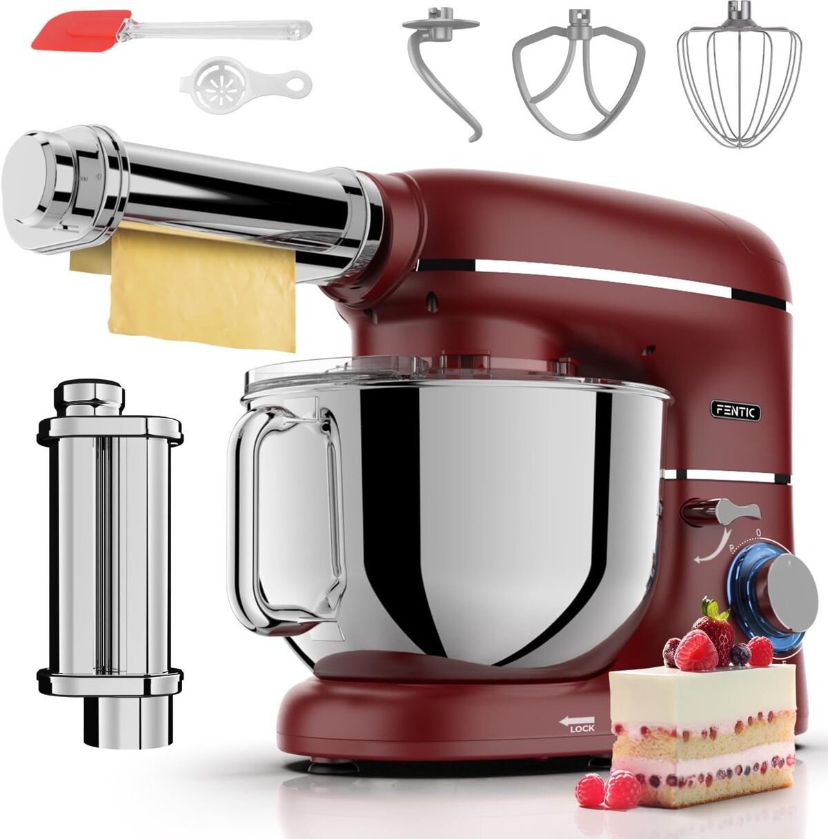 Test du robot pâtissier Fentic 2000W : machine à pâtes et bol 6, 2L rouge