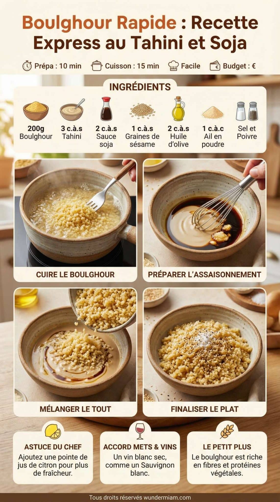 Infographie de la recette Boulghour rapide : recette express au tahini et soja