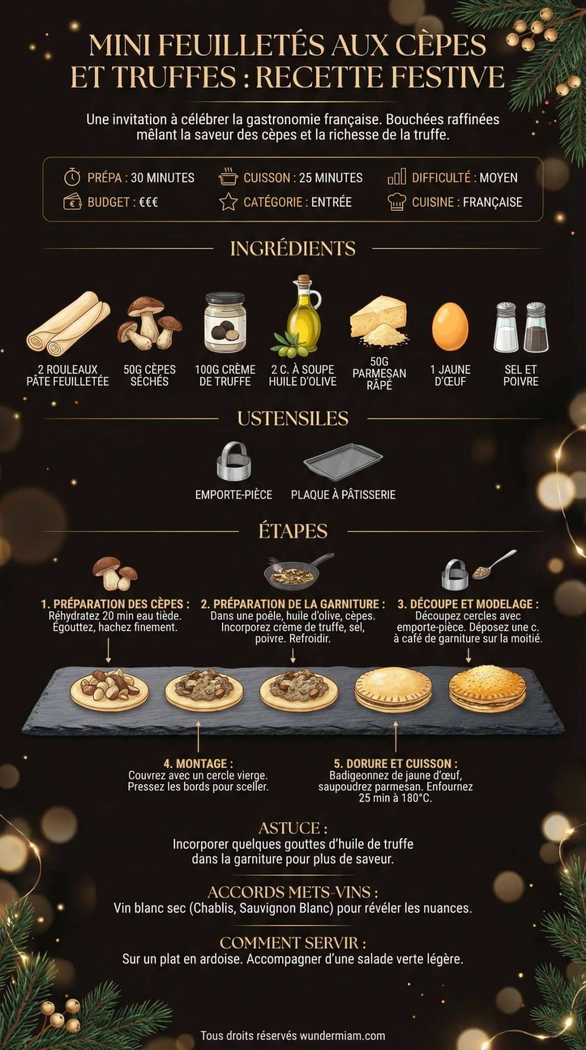 Infographie de la recette Mini feuillet&eacute;s aux c&egrave;pes et truffes : recette festive