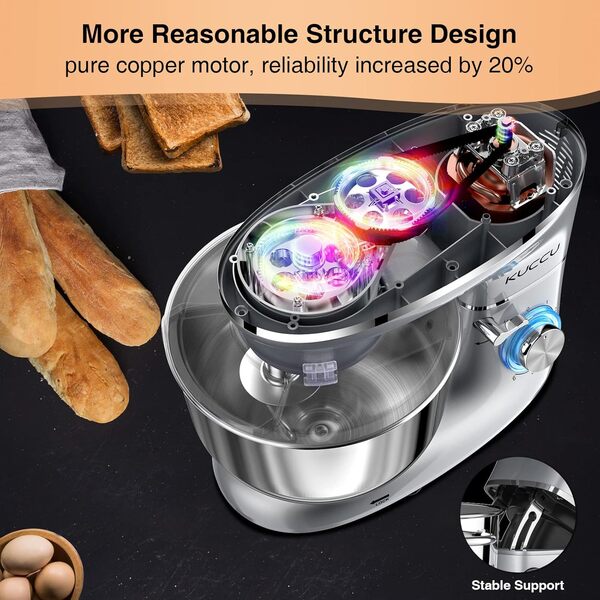 Robot Pâtissier, 1500W Robot Patissier, 7L double poignées Robot Pétrin Professionne, 6 Vitesses + P avec Crochet, Batteur, Fouet, Protection contre les éclaboussures, Spatule, Séparateur-Argent