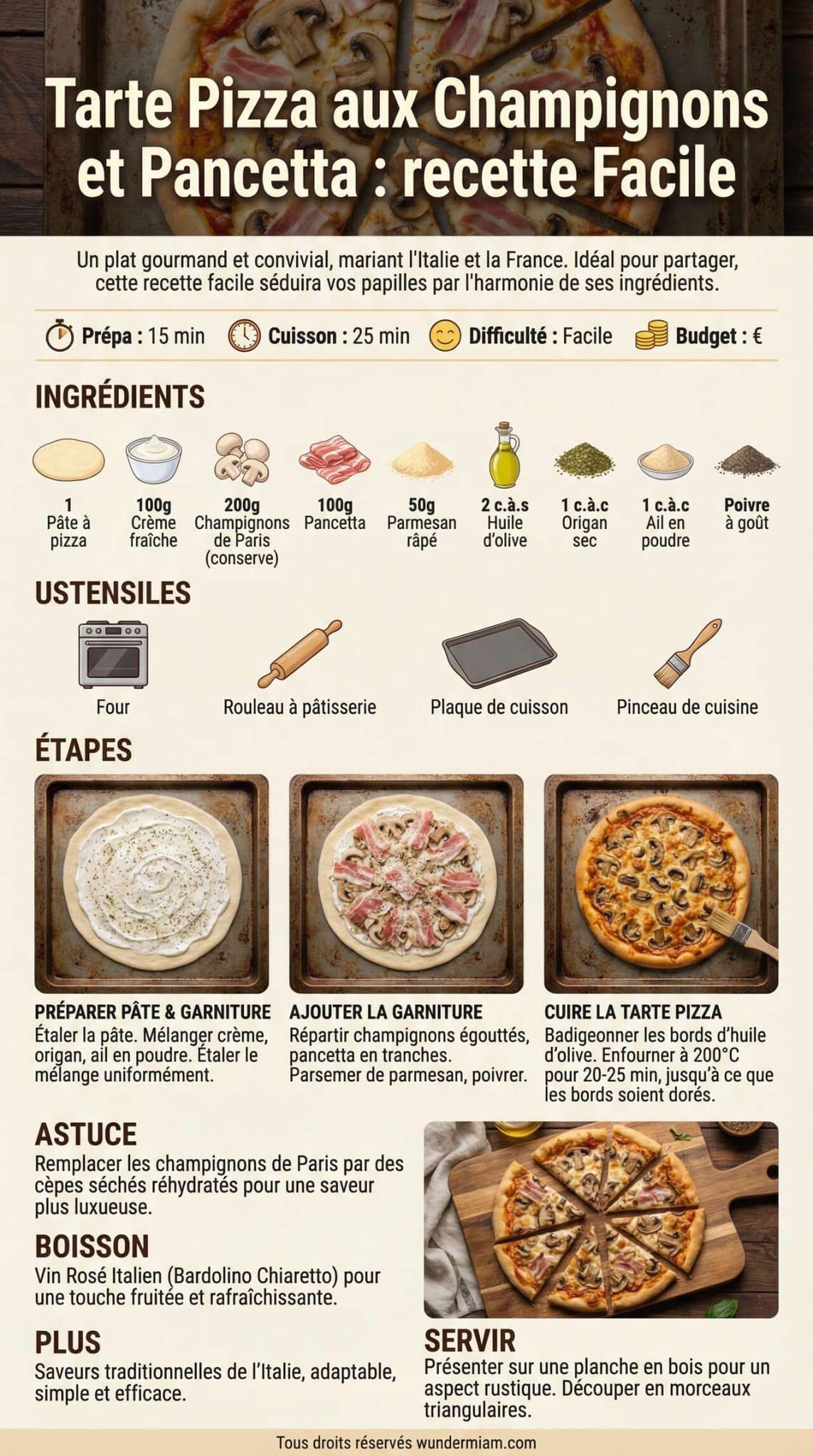 Fiche recette Tarte Pizza aux Champignons et Pancetta : recette Facile