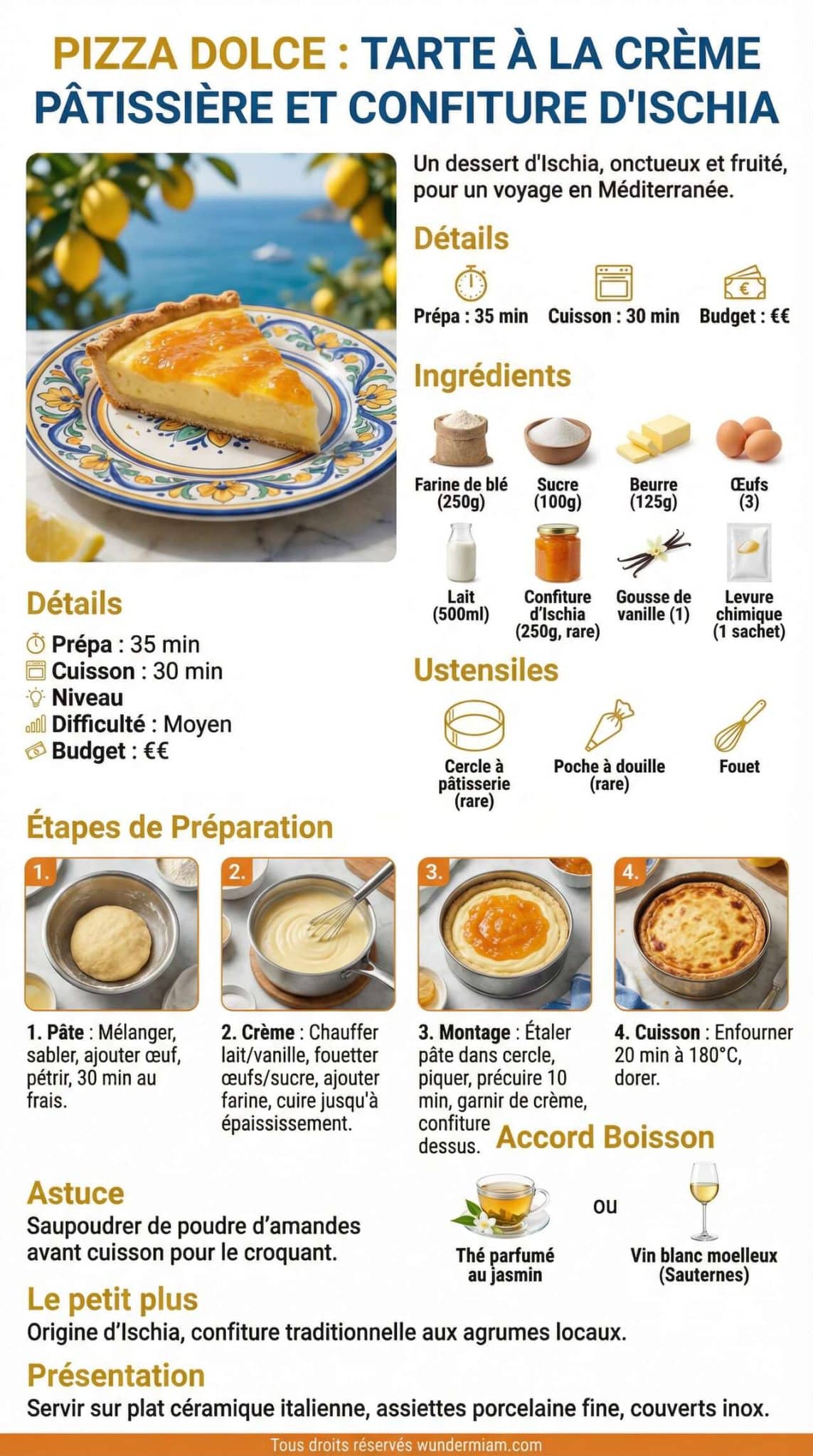 Fiche recette Pizza Dolce : tarte &agrave; la Cr&egrave;me P&acirc;tissi&egrave;re et Confiture d'Ischia