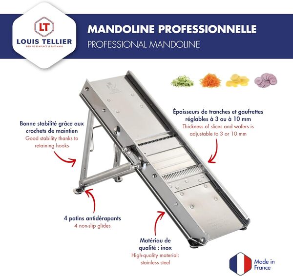 LOUIS TELLIER – Mandoline Inox Professionnelle avec Chariot pour Frites et Julienne – 2 Blocs Effileurs de 3 et 10 mm – Lame Lisse et Gaufrée – Réglable – Multifonction - Fabriqué en France