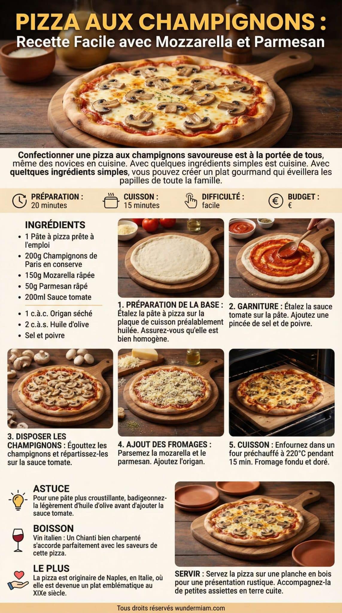 Fiche recette Pizza aux Champignons : recette Facile avec Mozzarella et Parmesan