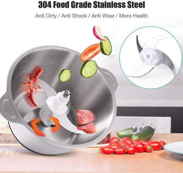 Hachoir Electrique Viande Hachoir Polyvalent avec Bol en Acier Inox 2L, Mixeur Hachoir 250W avec 4 Lames en Acier Inoxydable pour Mélange de Viende, Légumes et Fruits (1L)