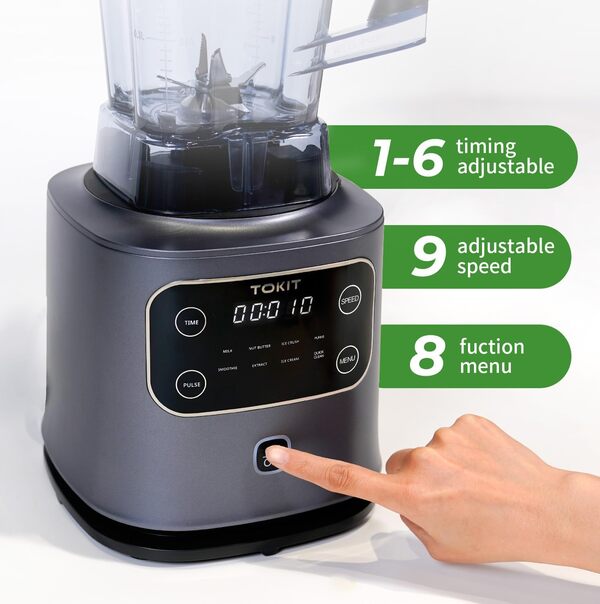 TOKIT 8-En-1 Blender 2000ml, Mixeur Pro 1400W Métal Avec Écran LCD Tactile Et 8 Menus Et 9 Vitesses Pour Smoothie, Broyeur À Glace