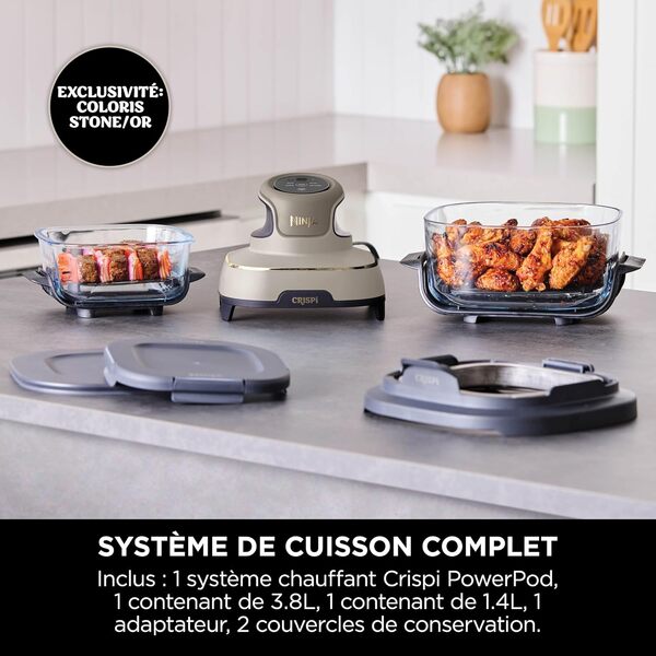 NINJA CRISPi Air Fryer Design Compact, 2 Capacités Interchangeables en Verre avec Couvercles, Capacité 3,8L ou 1,4L, 4-en-1, Pièces Amovibles lavables au lave-vaisselle, Stone/Or FN101EUSTGD