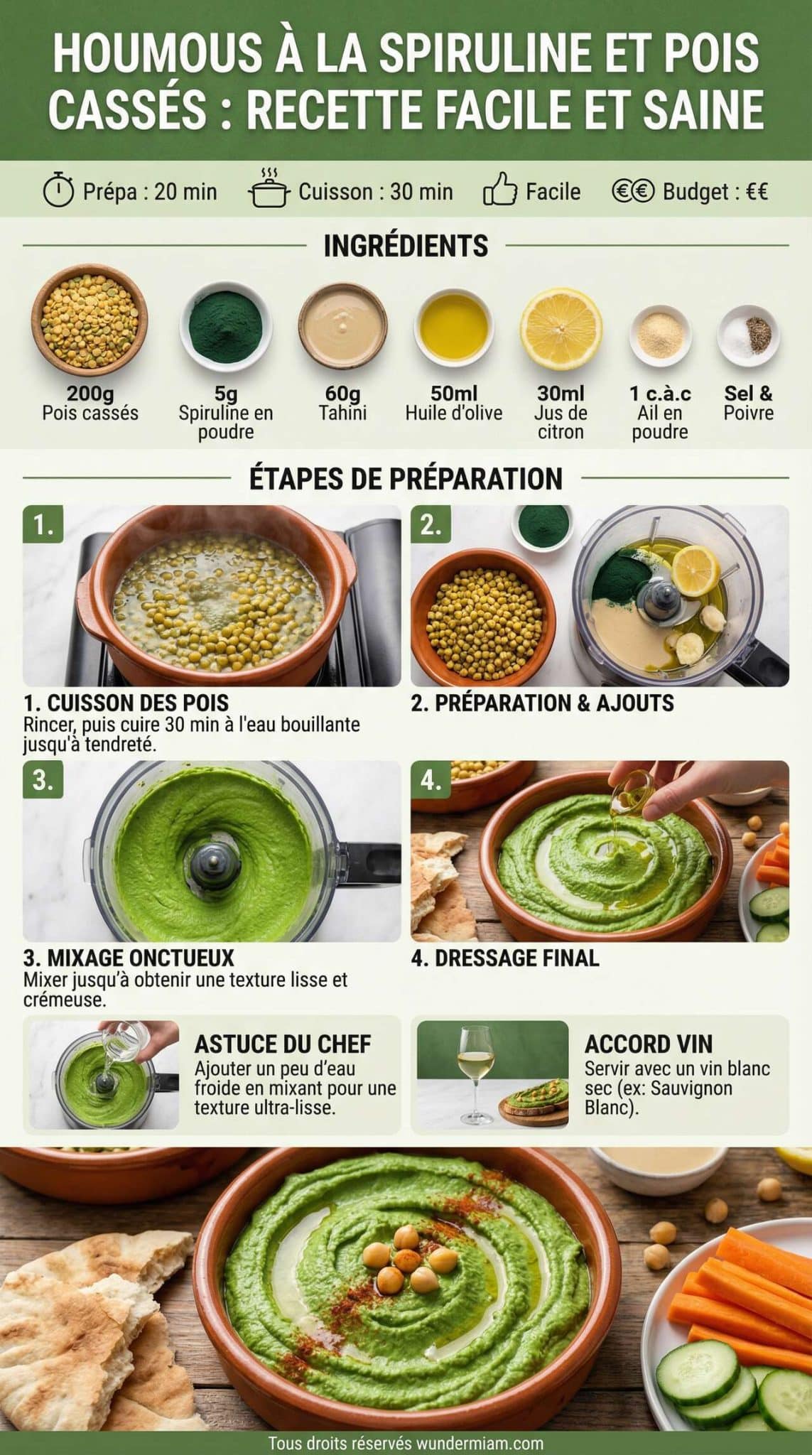 Fiche recette Houmous &agrave; la spiruline et pois cass&eacute;s : recette facile et saine