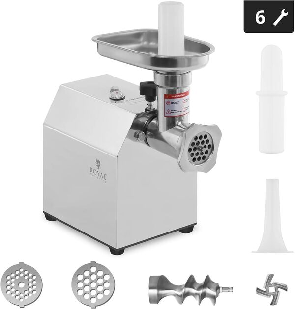 Royal Catering RCFW 70-600ECO Hachoir à Viande Électrique Professionnel Acier Inox (70 kg/h, 600 W, Fonction de Retour en Arrière, Diamètre des Trous 5/7 mm) ECO