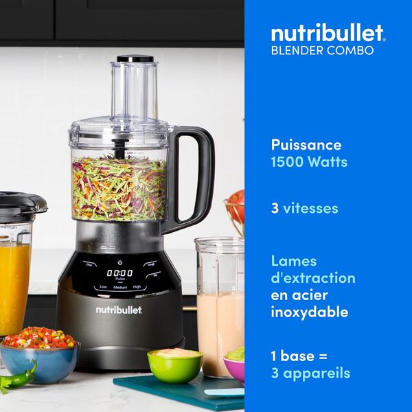 NutriBullet triple Prep System, mixeur électrique, blender multifonction, puissance 1500 watts, 3 appareils, noir, NBF580B