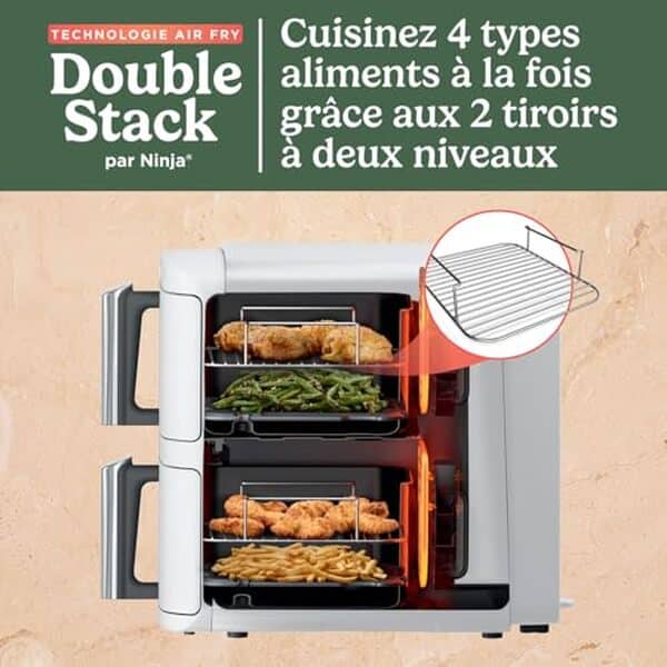 Découvrez la puissance de la friteuse sans huile Ninja Double Stack XL 9, 5 L pour une cuisine saine et savoureuse. Adoptez une cuisson rapide et sans matières grasses pour des plats croustillants et délicieux.