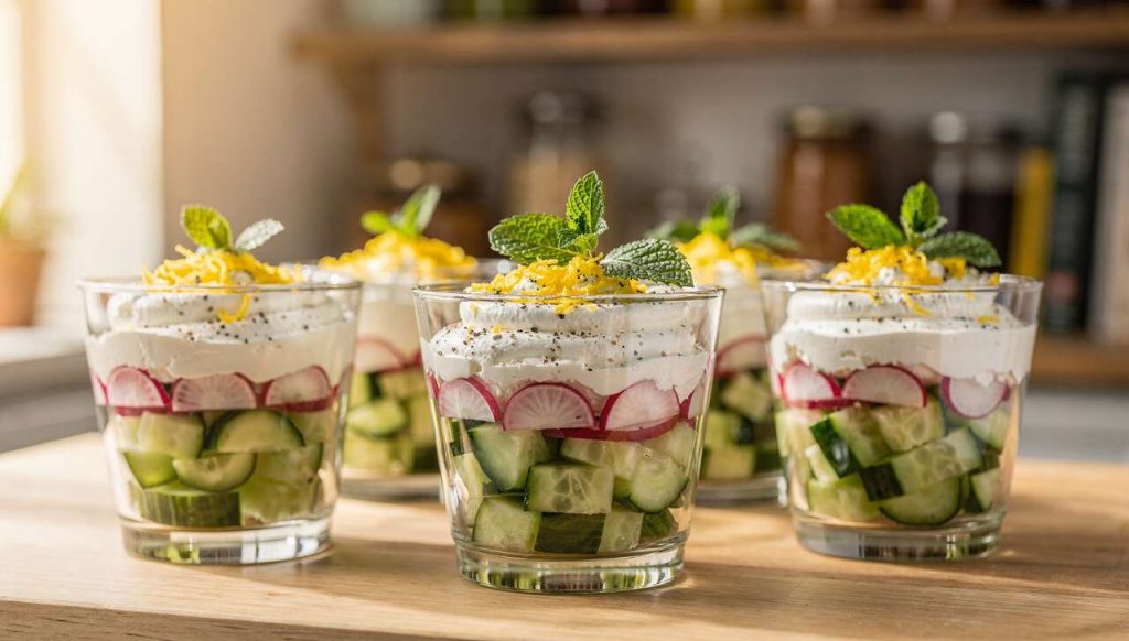 Verrines concombre, radis et crème à la feta : recette fraîche et gourmande
