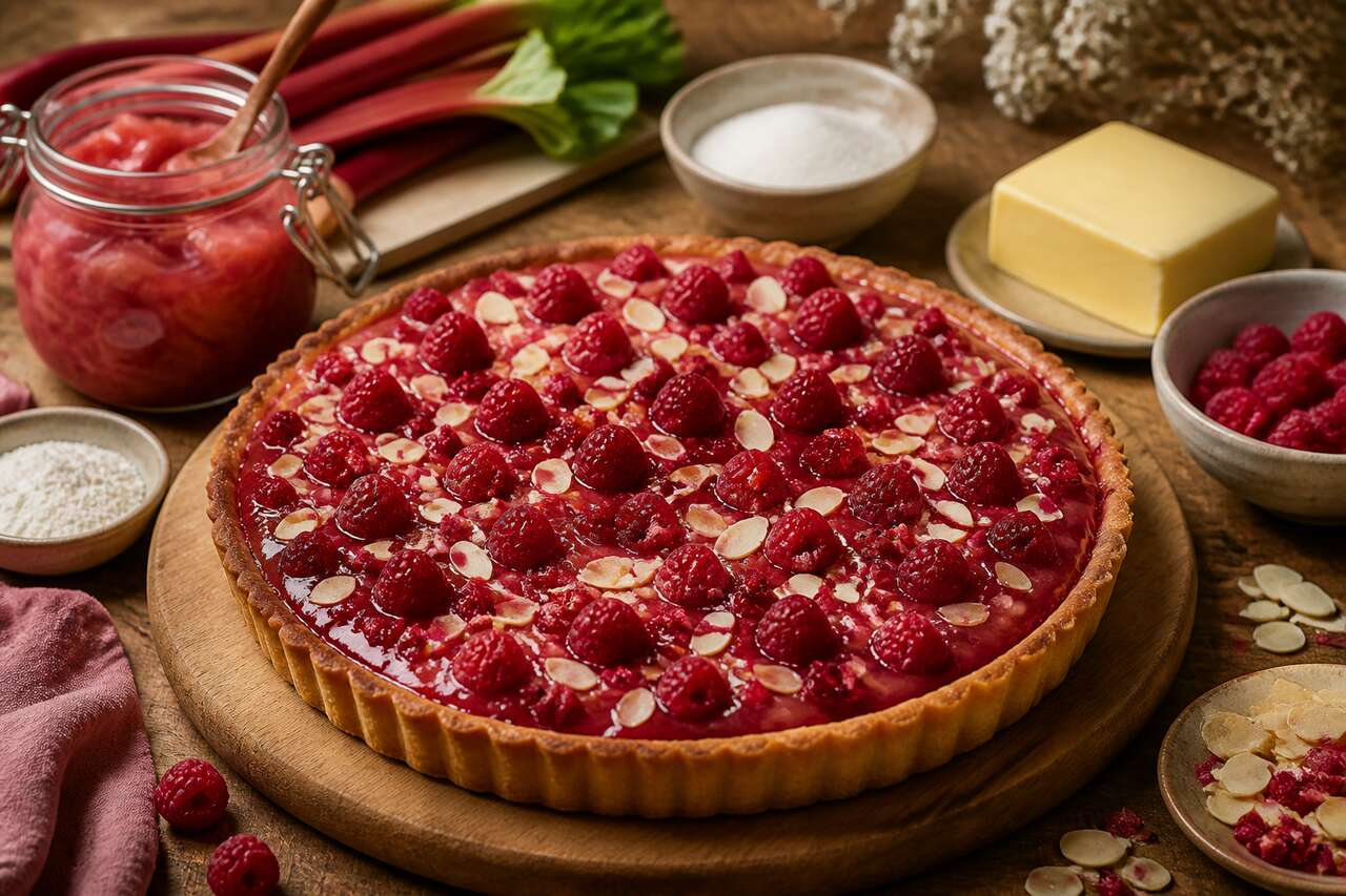 Recette de tarte aux framboises et à la rhubarbe