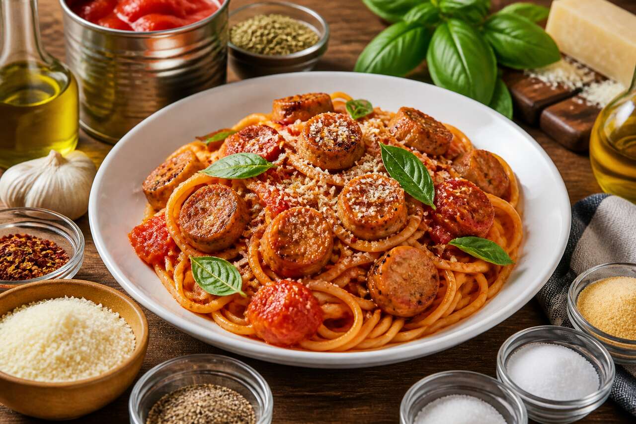 Spaghettis aux saucisses et sauce tomate de Cyril Lignac : la recette facile et savoureuse