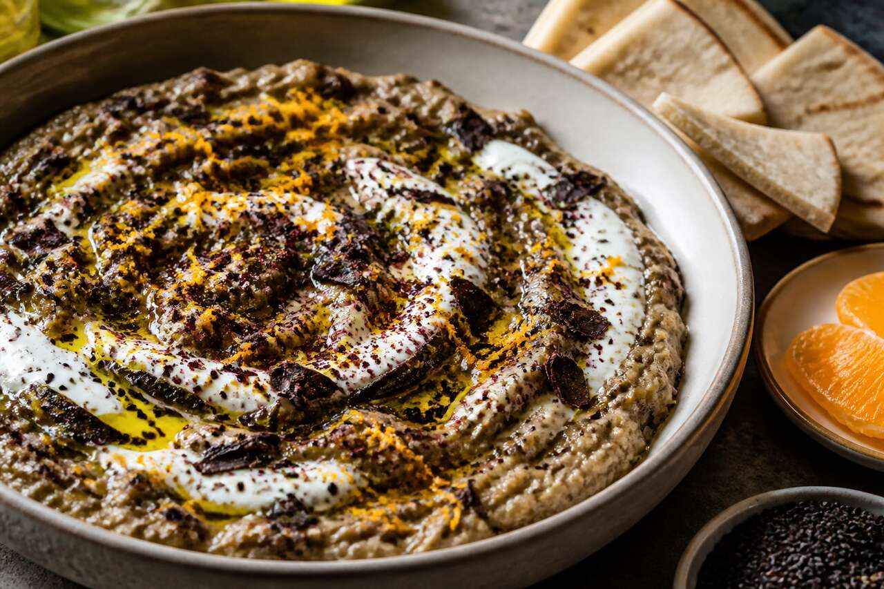Recette de baba ganoush au charbon d'aubergine, labneh mandarine et chocolat