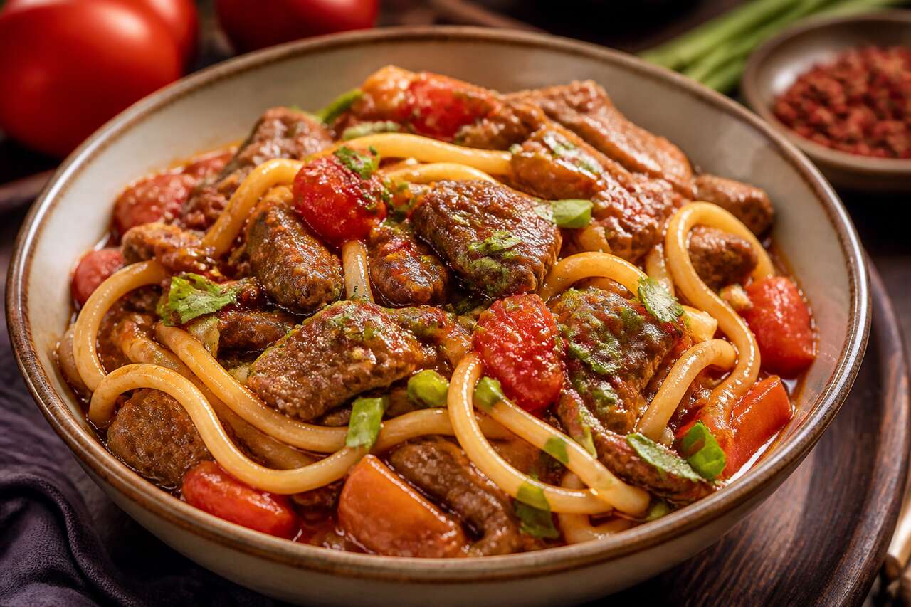 Recette de nouilles sautées au bœuf, sauce tomate, poivre de Sichuan et piment doux