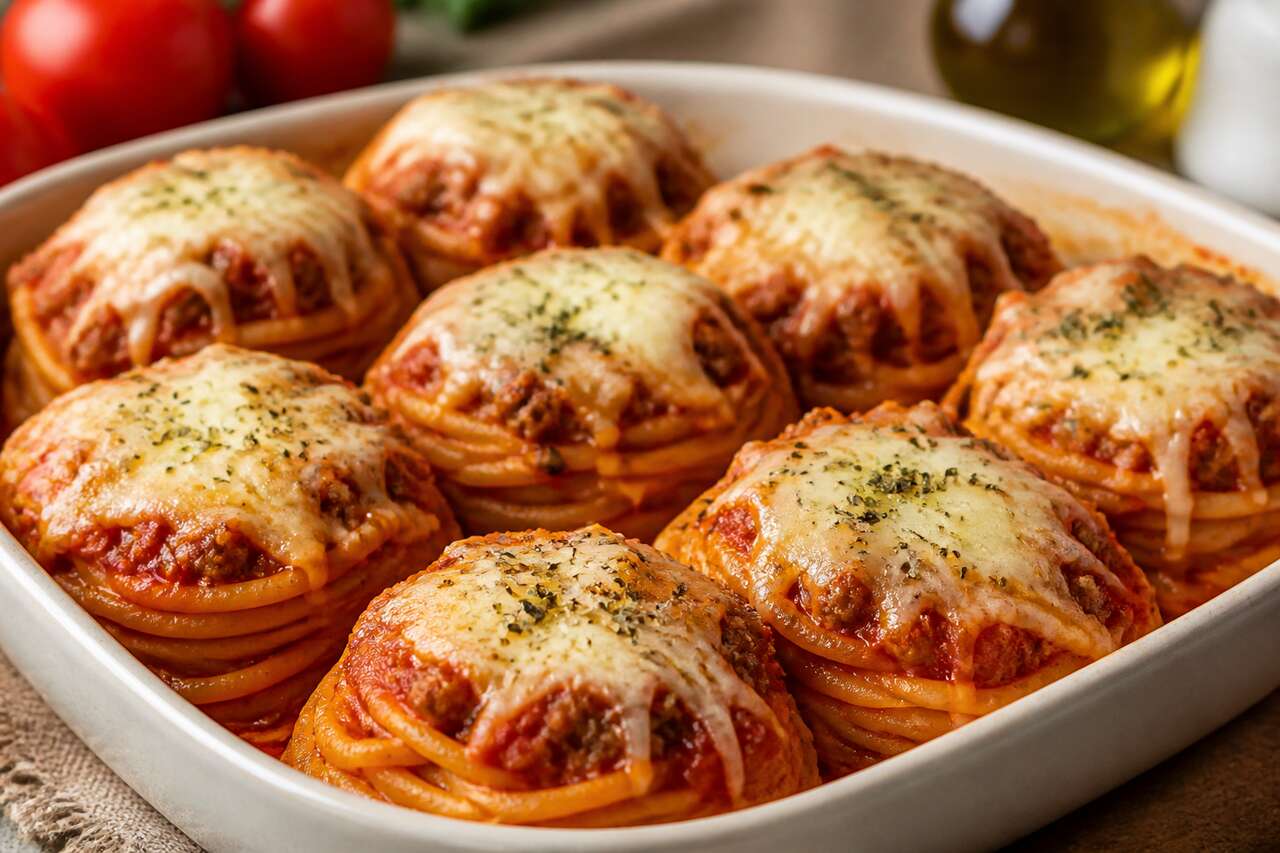 Recette des nids de spaghettis à la viande et à la sauce tomate