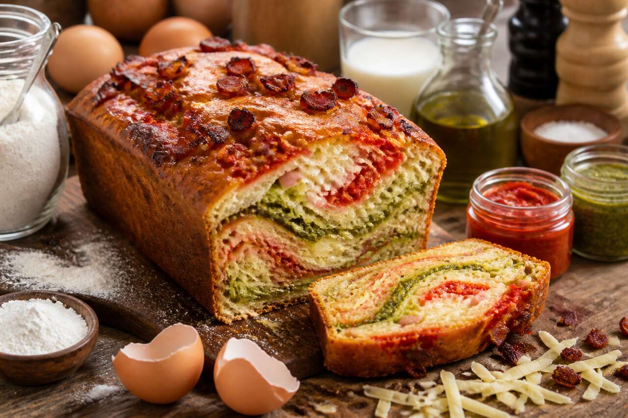 Recette du cake marbré tomate, pesto et lardons fait maison