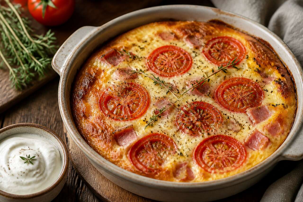 Recette facile d'omelette aux tomates, jambon et gruyère au four