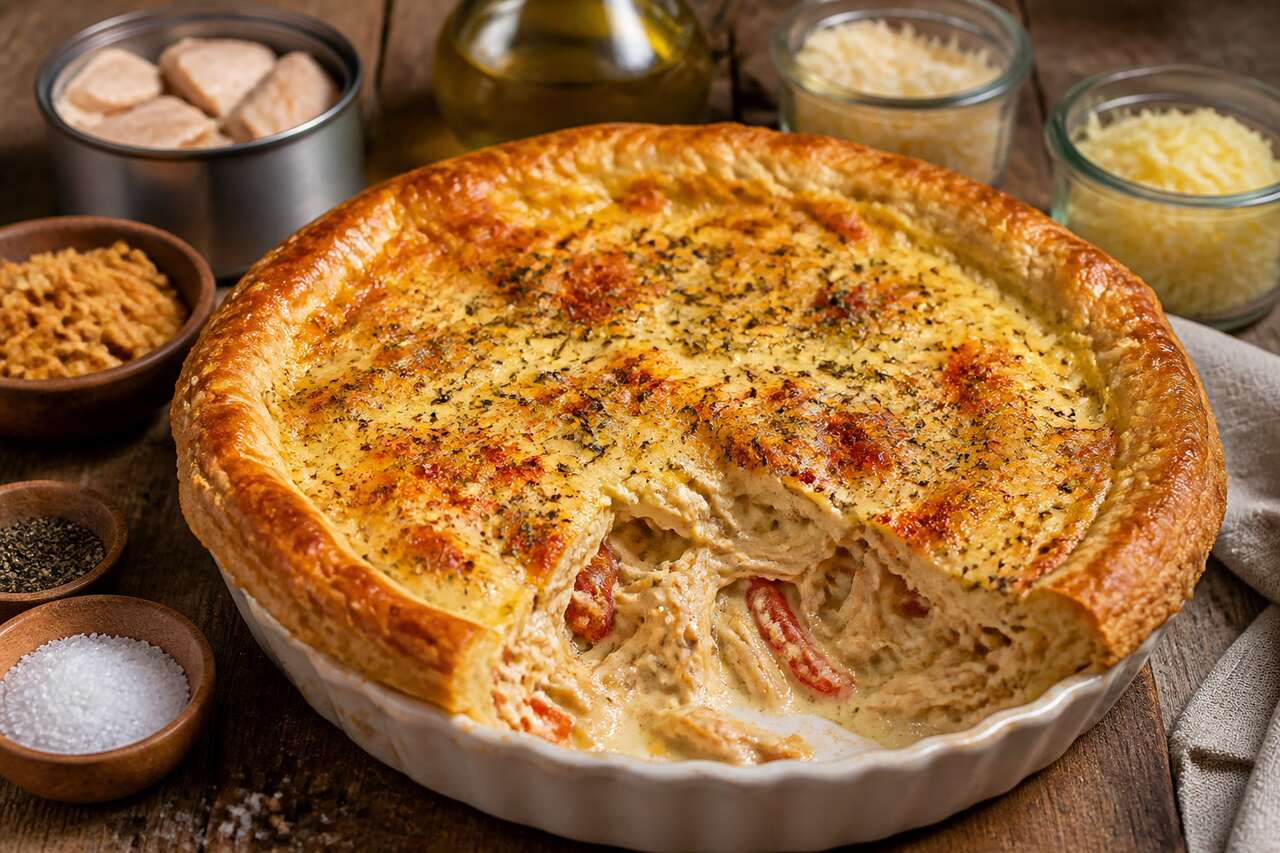 Recette de tarte au poulet, oignons, poivron et fromages