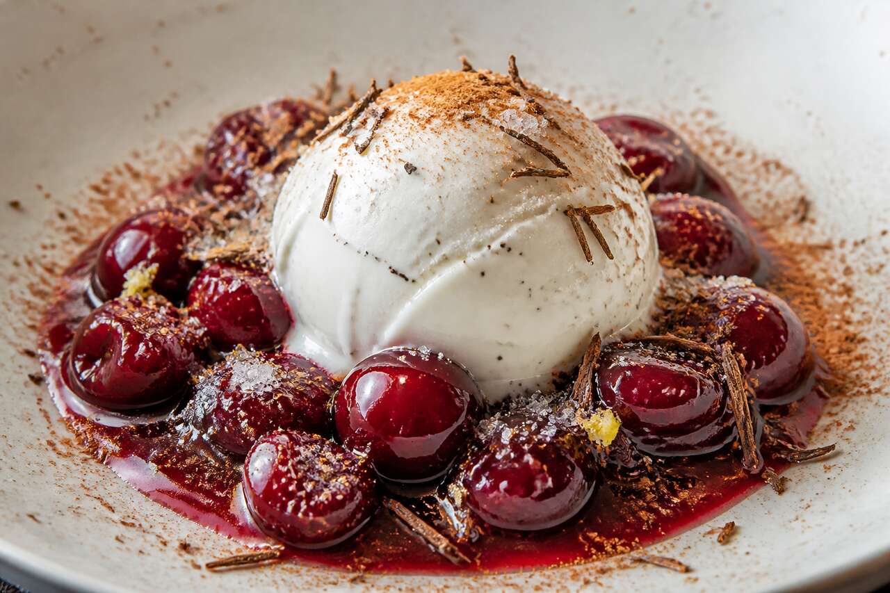 Recette de cerises au rooibos, sorbet au fromage blanc