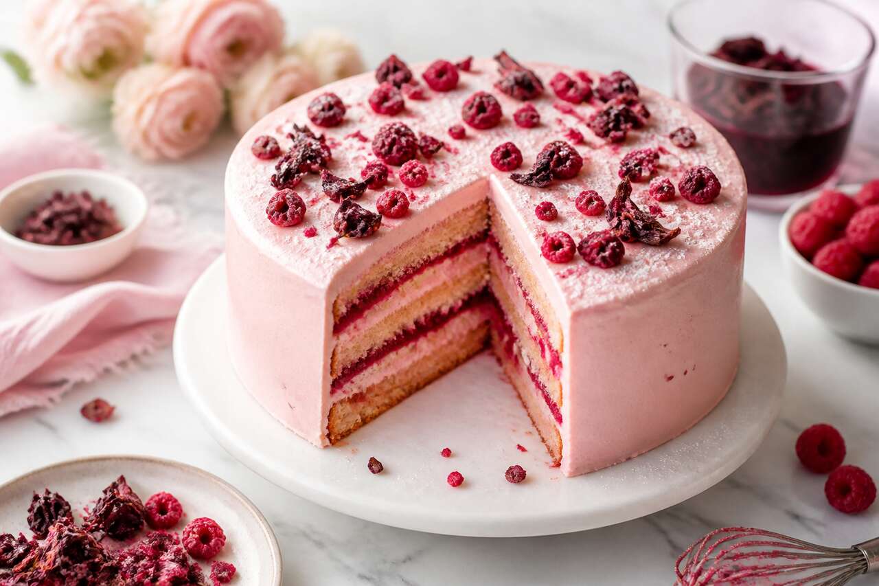 Recette de layer cake hibiscus et framboises