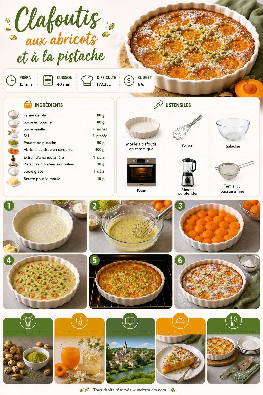 Fiche recette Recette du clafoutis aux abricots et à la pistache Fiche recette Recette du clafoutis aux abricots et à la pistache