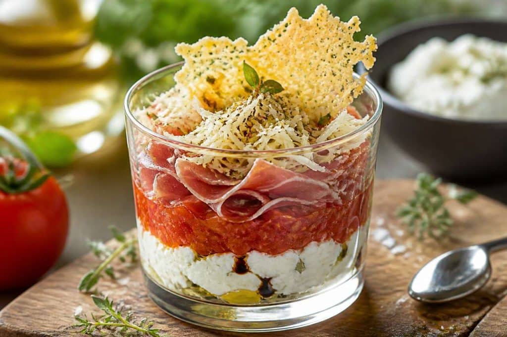 Recette de verrine tomate et chèvre au croustillant de jambon cru et tuile de gruyère