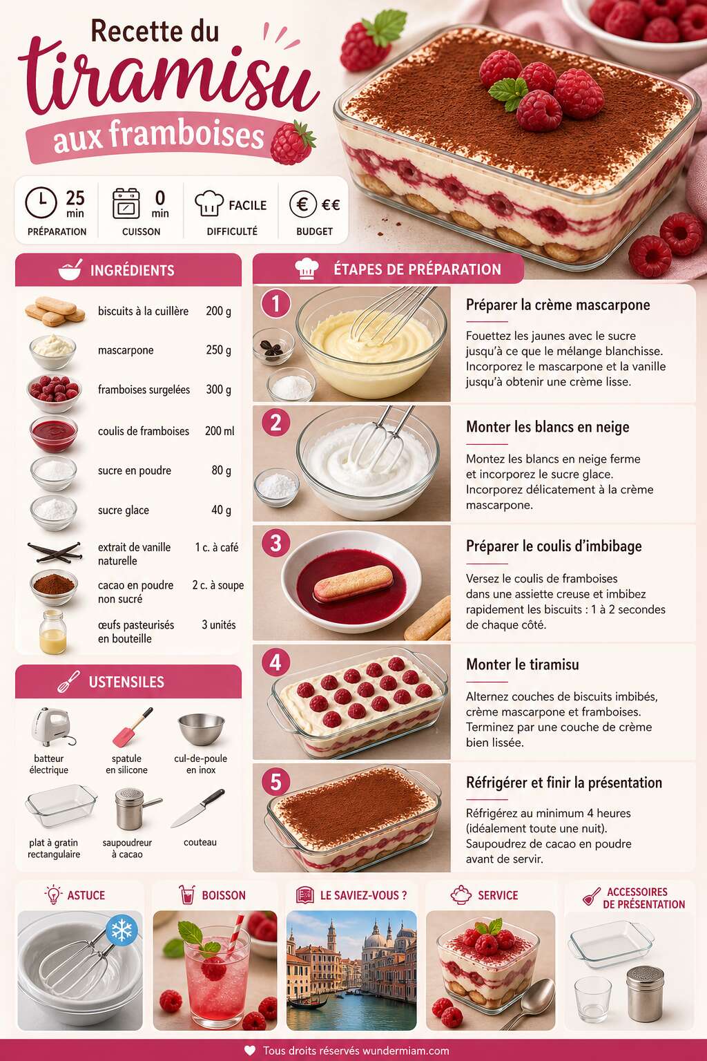 Fiche recette Recette du tiramisu aux framboises Fiche recette Recette du tiramisu aux framboises