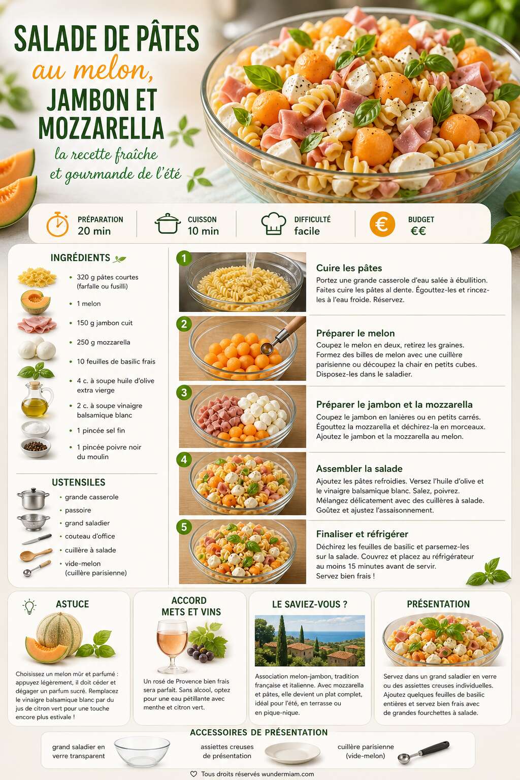 Fiche recette Salade de pâtes au melon, jambon et mozzarella : la recette fraîche et gourmande de l'été Fiche recette Salade de pâtes au melon, jambon et mozzarella : la recette fraîche et gourmande de l'été