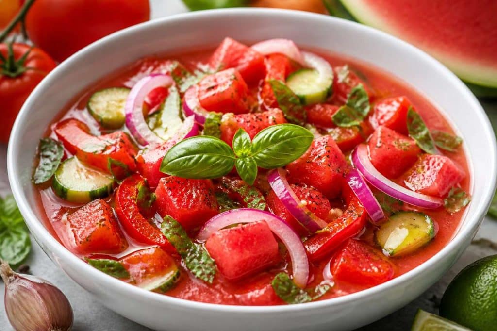 Recette de gaspacho à la tomate et pastèque : frais et savoureux